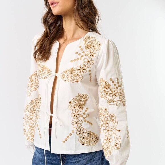 White and Gold Puff Embroidered Sleeve Blouse with Tie Front - Picture 5 of 6